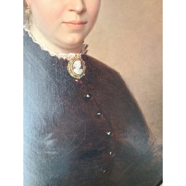Antique 19th Century German Oval Oil Painting Portrait of a Lady With a Cameo For Sale In Los Angeles - Image 6 of 15