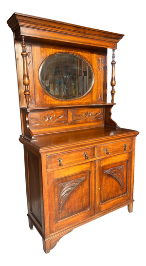 1800's Hand Carved Oak Hutch With Beveled Oval Mirror