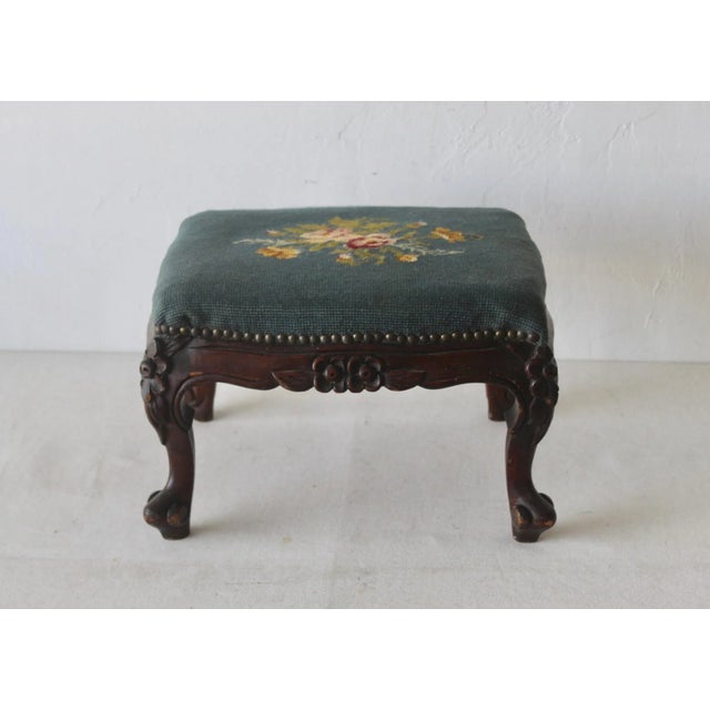 Vintage French Country Louis XV Style Carved Wood Needlepoint Footstool Ottoman Nailhead Detail For Sale - Image 4 of 12