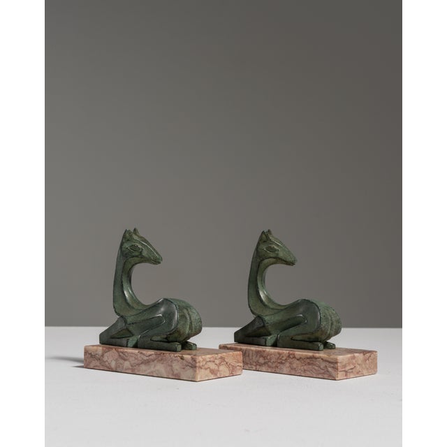 1920s Pair of 1920s French Forest Green Art Deco Signed Figures on Marble Bases For Sale - Image 5 of 15