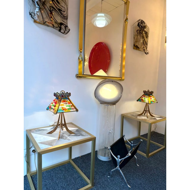 Longobard Pair of Hammered Glass Gilt Wrought Iron Lamps by Longobard, Italy, 1970s For Sale - Image 4 of 13