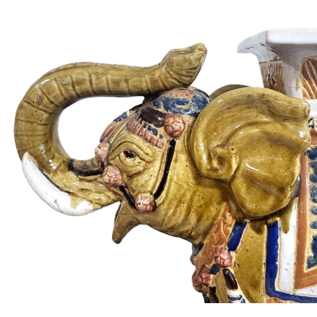 Large Vintage Chinese Asian Glazed Terracotta Elephant Garden Stool Bench For Sale - Image 11 of 15