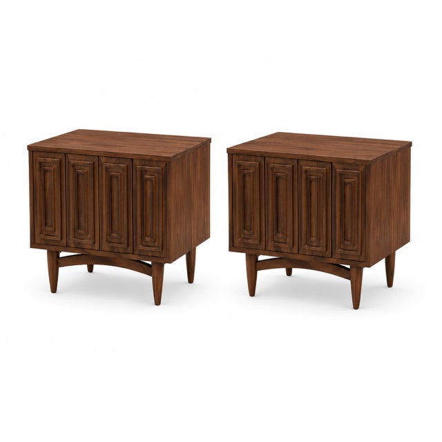 Mid century modern walnut nightstand. Stand has been refinished. Stand is in excellent condition. Stand has 2 doors that...