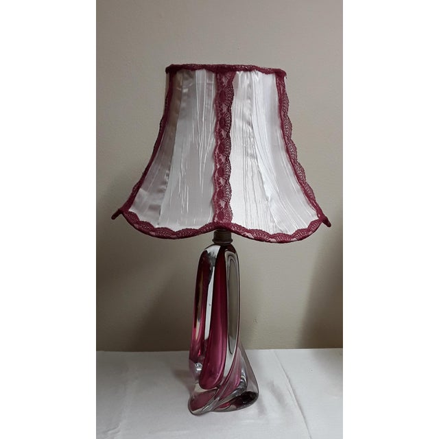Vintage Belgian Table Lamp with Red Undertaking Block Glass Foot & White Fabric Umbrella with Red Edges of Christalleries...