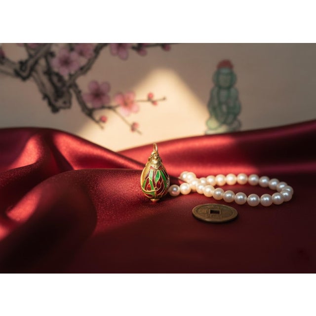 Metal Vintage Chinese Gilded Silver Enamel Egg Pendant Bird With Garnet For Sale - Image 7 of 8