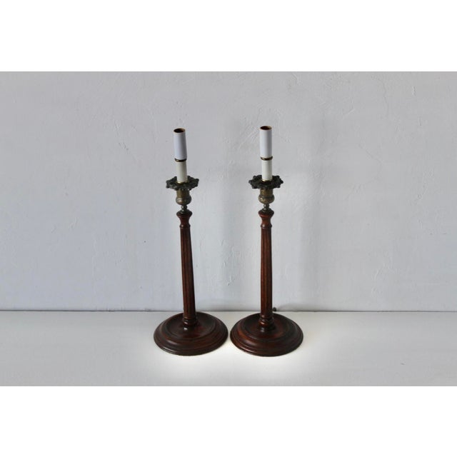 Late 20th Century Late 20th Century Georgian Style Mahogany Brass Candlestick Table Lamps - a Pair For Sale - Image 5 of 18