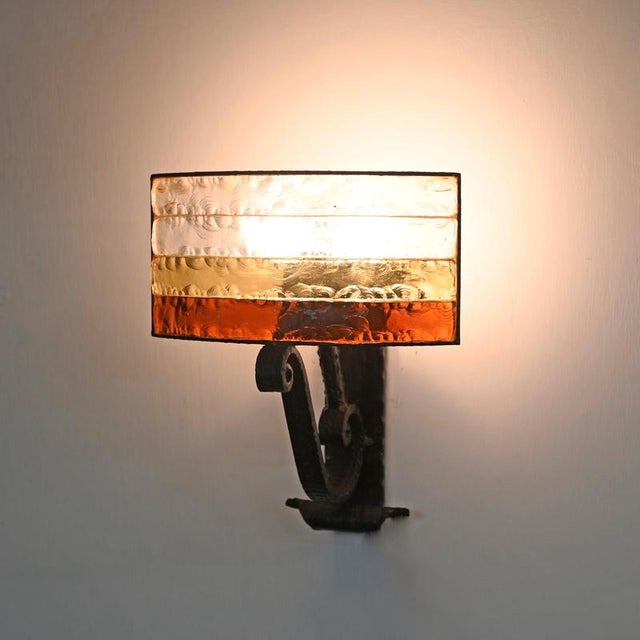 Brutalist Wrought Iron and Amber Glass Sconce attributed to Longobard, Italy, 1970s For Sale - Image 15 of 17