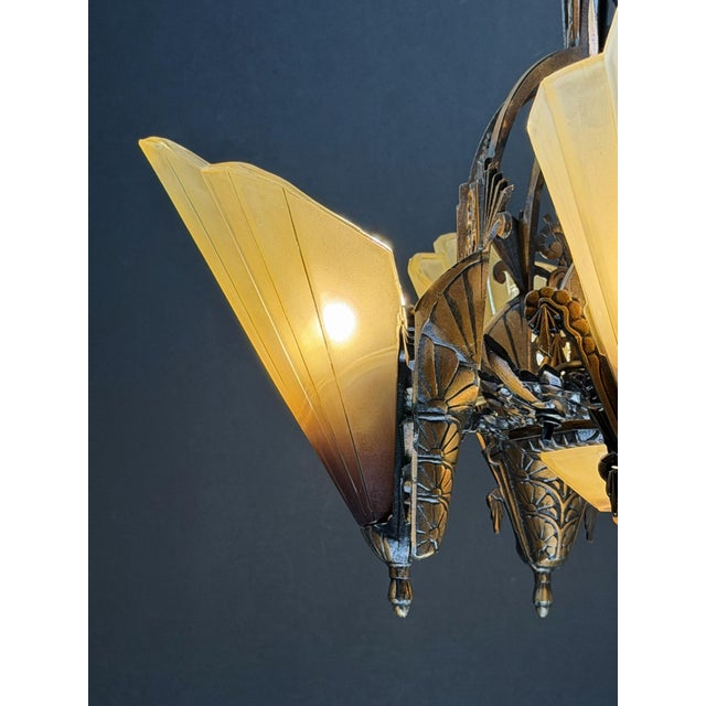 1930s Mid-West Mfg. Soleure Series Art Deco 6-Light Slip Shade Chandelier in Cast Bronze For Sale - Image 6 of 15