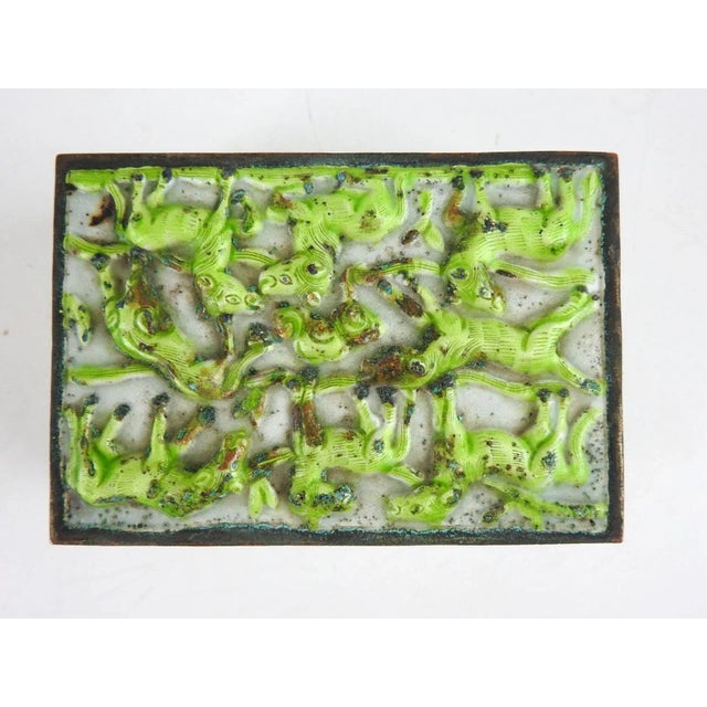 Vintage Lime Green Chinese Repousse Horses Enamel Box and Dish For Sale - Image 4 of 11