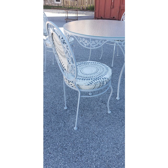 Ornate Wrought Iron Patio Table With Frosted Glass Top & 4 Chairs For Sale - Image 12 of 13