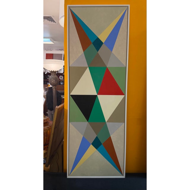 French artist Patrice Bertin abstract geometric oil on canvas. Mounted in a non obtrusive wood frame and signed and dated...