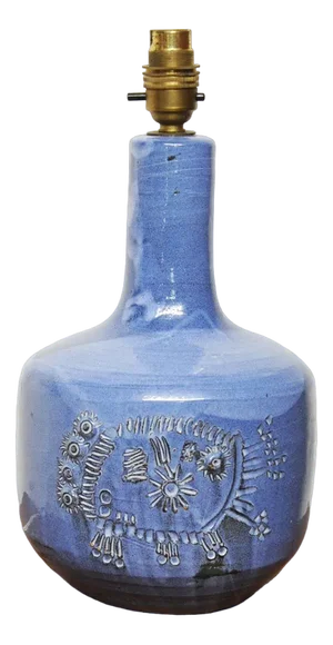 Vintage Glazed Ceramic Blue Carved Lamp, 1970s