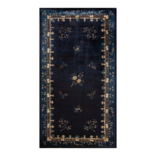 1920s Classic Greek Key Antique Peking Large Room Size Wool Blue Navy Rug For Sale