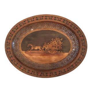 Italian Marquetry Incised Wood Horse & Carriage With People Tray For Sale
