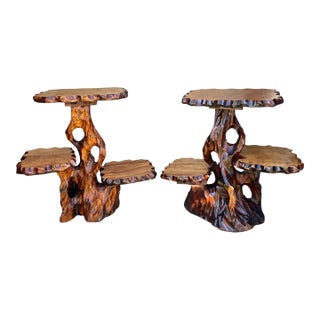 Vintage Live Edge Burled Wood Free Form Tier Tree Tables For Sale