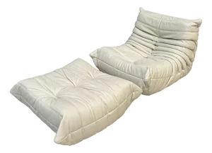 Set of French Togo Lounge Chair with Ottoman in White Leather by Michel Ducaroy for Ligne Roset