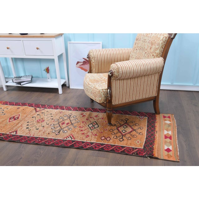 1970s Vintage Turkish Hand-Knotted Wool Cotton Orange Runner Rug For Sale - Image 5 of 9