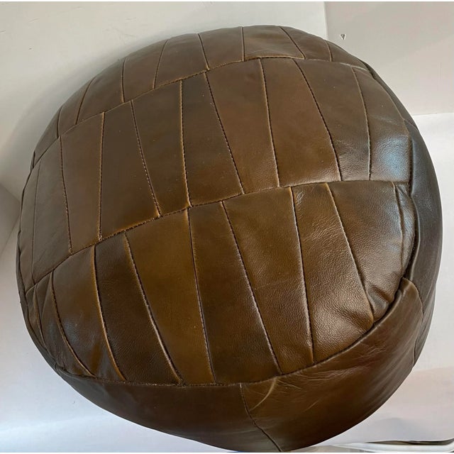 Rustic European Vintage Brown. Leather Poof Footstool For Sale - Image 3 of 8