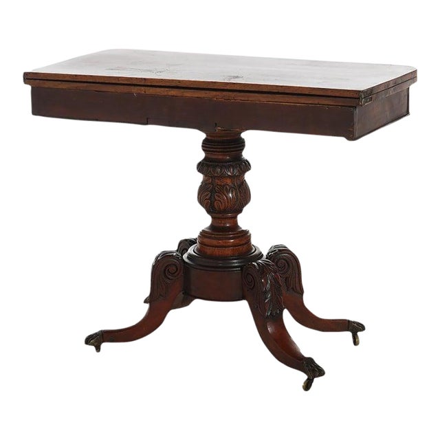 Antique Federal Duncan Phyfe Style Acanthus Carved Mahogany Card Table C1830 For Sale