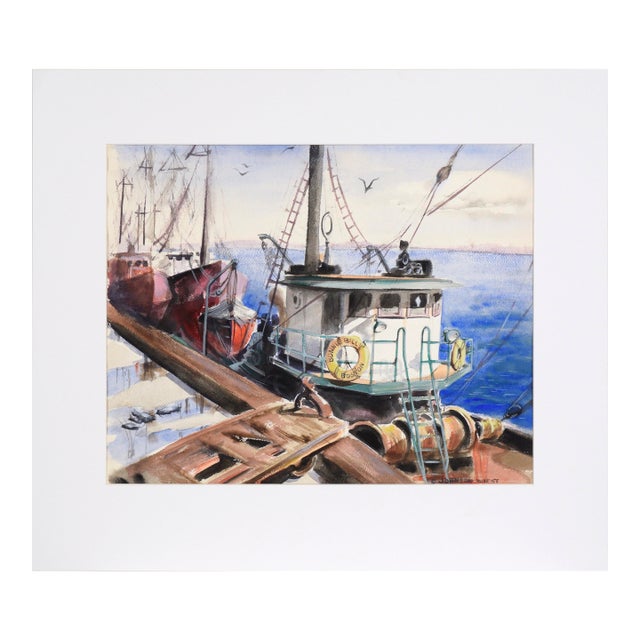 Bonnie Bill - Tugboat at the Dock in Boston - Seascape in Watercolor on Paper by Claire Weist For Sale