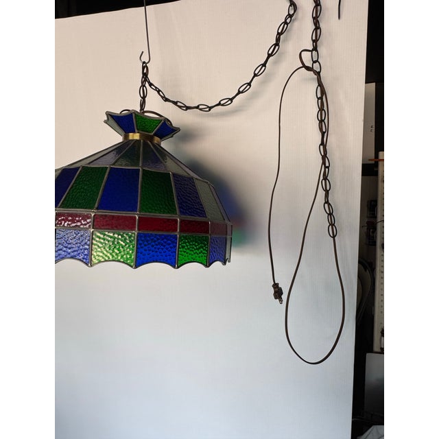 American 1970s Geometric Stained Glass Pendant Light Fixture For Sale - Image 3 of 6