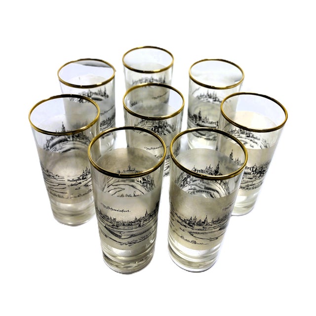 Gray Vintage Gold Rim European Cityscape Highball Glasses – Set of 8 Schweinfurt Frosted Mid-Century Barware For Sale - Image 8 of 12