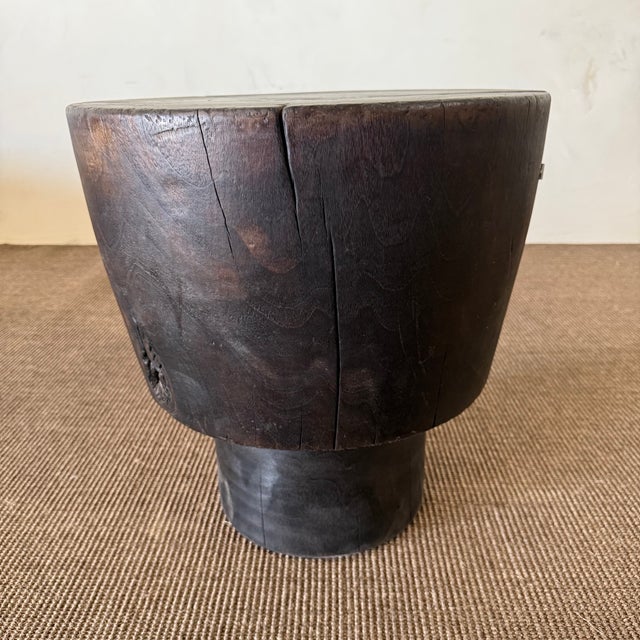Modern Vintage Reclaimed Walnut Carved Side Table 18" For Sale - Image 3 of 7