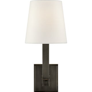 Chapman & Myers for Visual Comfort Signature Square Tube Single Sconce in Bronze with Linen Shade For Sale