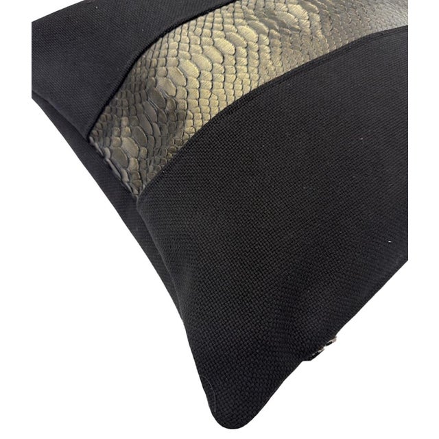 Contemporary One-of-a-Kind Black Pillow With Green Metallic Snakeskin Accent | Handmade in New York For Sale - Image 3 of 6