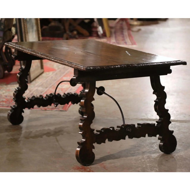 Coffee 18th Century Spanish Baroque Carved Walnut Coffee Table With Iron Stretcher For Sale - Image 8 of 13
