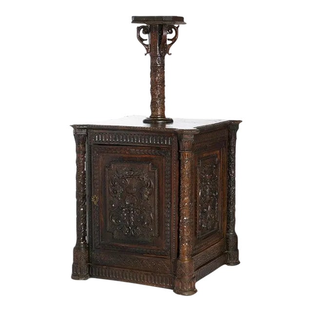 Early Antique Continental Carved Oak Reliquary Cabinet & Carved Columns, 18th Century For Sale