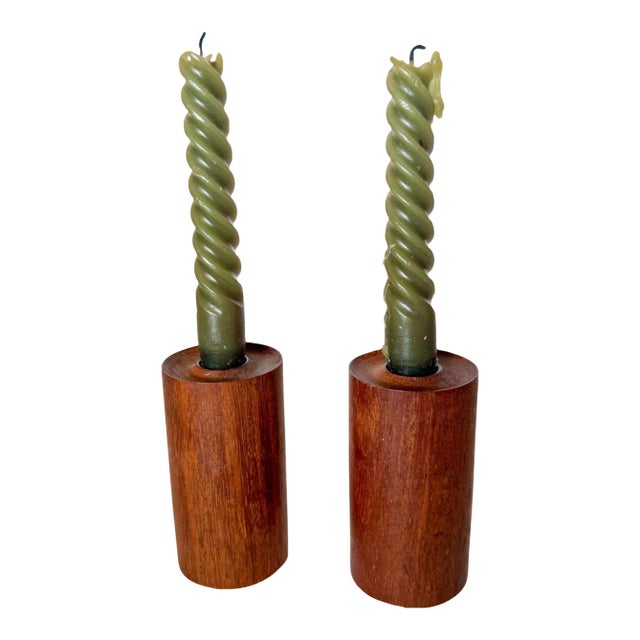 Mid 20th Century Danish Style Wood Cylinder Candle Holders For Sale