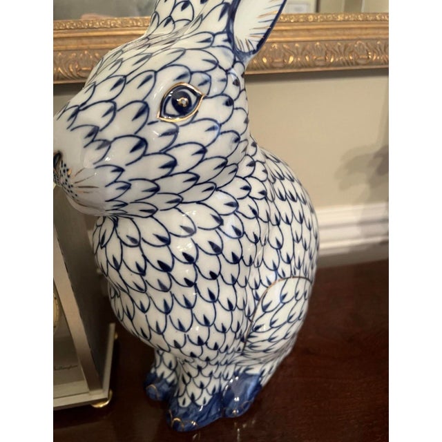 Late 20th Century Large Herend-Style Fishnet Bunny Rabbit Figurines Blue Hand Painted, a Pair For Sale - Image 9 of 9