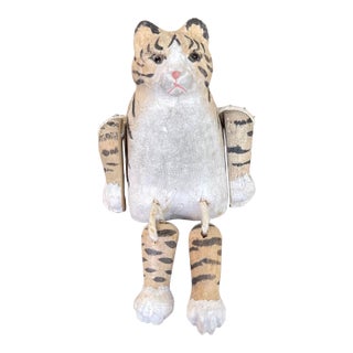 Hand-Carved Articulated Wooden Tiger or Cat Figurine With Painted Details. For Sale