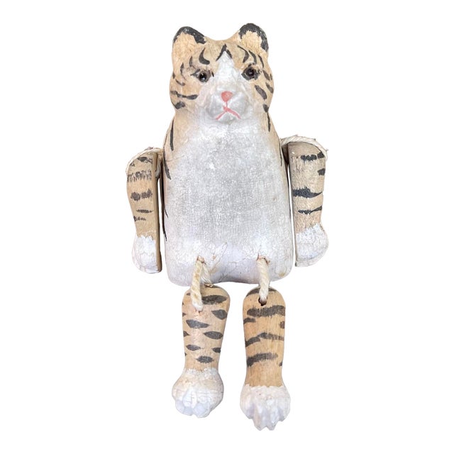 Hand-Carved Articulated Wooden Tiger or Cat Figurine With Painted Details. For Sale