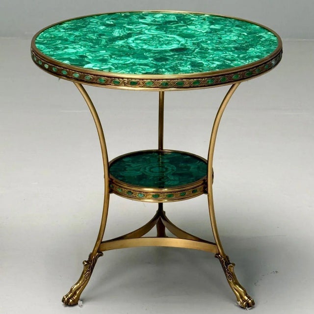 1970s Louis XVI Style, Jeweled Gueridons, Malachite, Bronze, France, 20th C. For Sale - Image 5 of 11