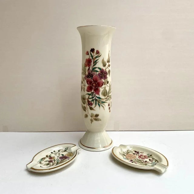 Lovely Vintage Zsolnay (since 1858) Porcelain Set Vase and two lady’s ashtrays with Floral Gold Accents, Hungary, 1950s....