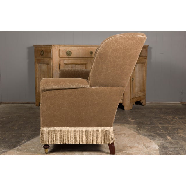 Vintage English Upholstered Loveseat with Out-Scrolling Arms and Casters For Sale - Image 4 of 12