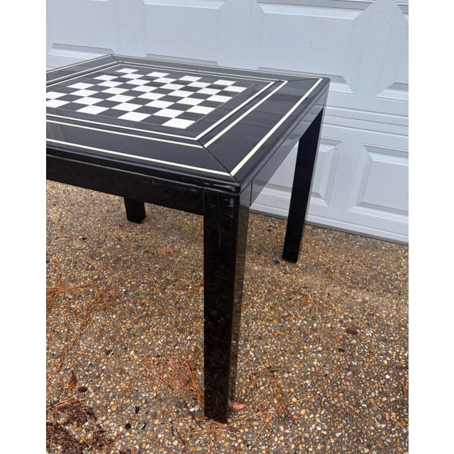 Wood Mid to Late Twentieth Century Deep Black Lacquered 36” Parsons Style Game Table With Chess / Checkers and Backgammon Removable Top For Sale - Image 7 of 9