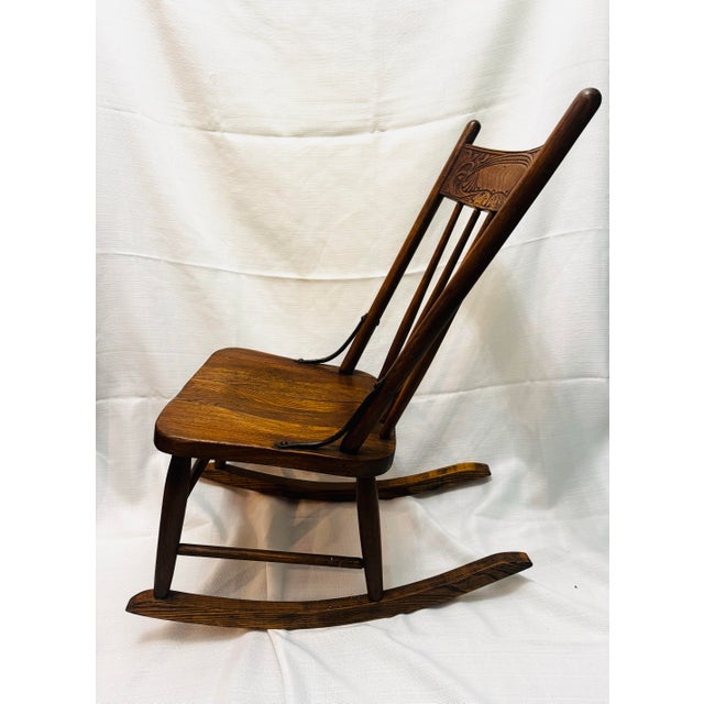 Brown Antique Primitive Oak Rocking Chair, 19th Century Pressed Back Armless Rocker For Sale - Image 8 of 9