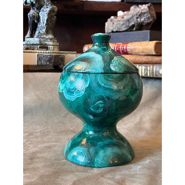 Grand Tour Vintage Empire Revival Faux Malachite Hand Painted Small Table Article Urn For Sale - Image 3 of 9