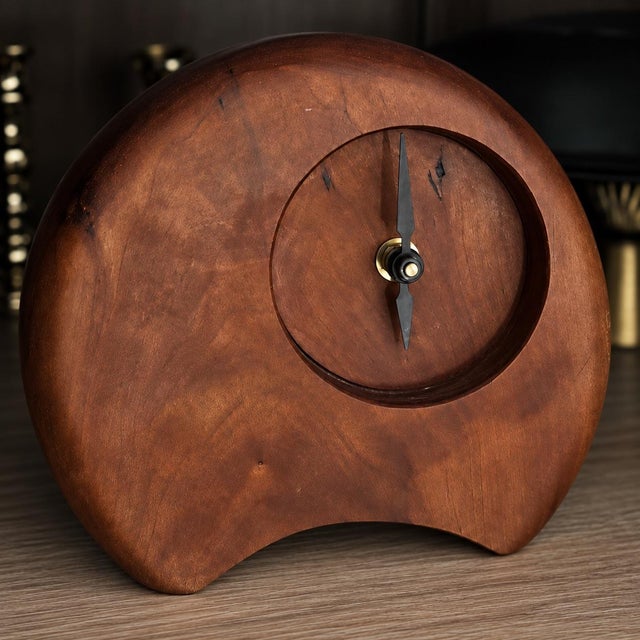 Signed mid-century hand-carved cherry wood desk clock titled "A Hole in Time" marked 37-43.