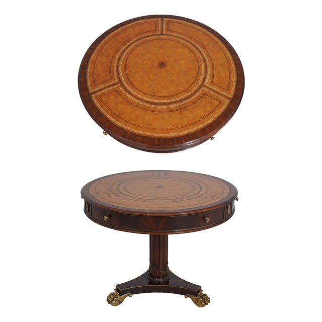 Maitland Smith Round Mahogany Leather Top Drum Table For Sale