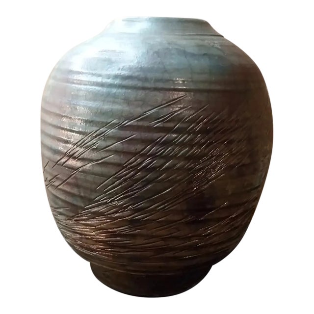 1970s Signed Art Studio Iridescent Raku Pottery Squat Vase For Sale