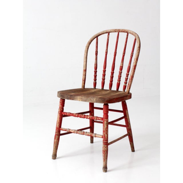 Wood Antique Red Windsor Spindle Back Farmhouse Chair For Sale - Image 7 of 17