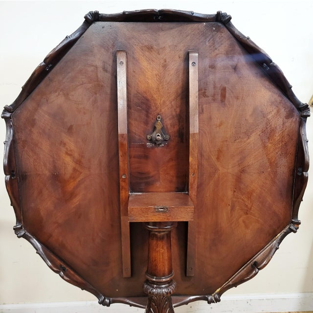 Vintage English Chippendale Style Flamed Mahogany Open Fretwork Tilt-Top Table For Sale - Image 11 of 18