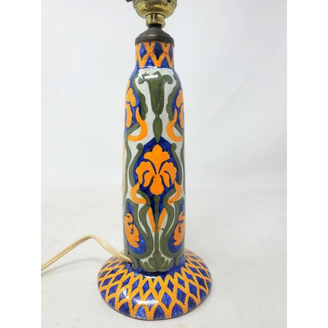 French Antique Jules Verlingue Faience Lamp - Hand Painted Irises - 9" Tall -Signed Jv - France For Sale - Image 3 of 13