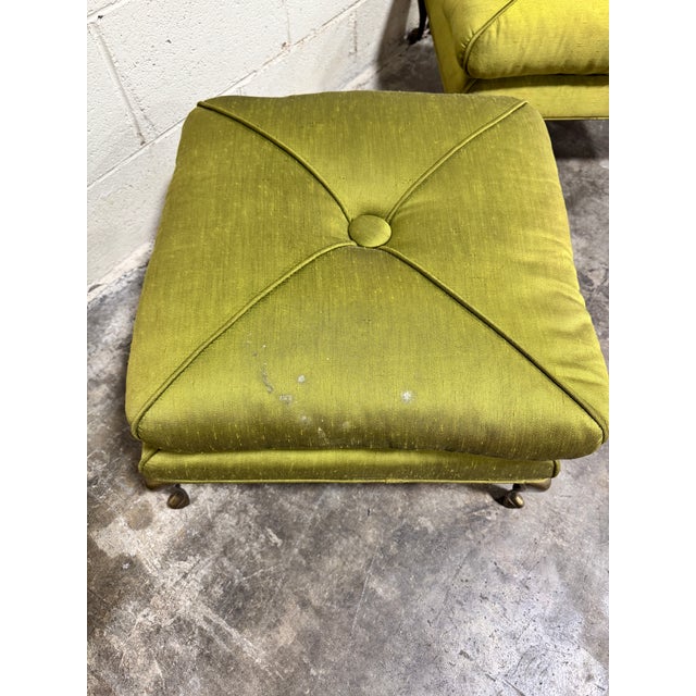 1970s Hollywood Regency Olive Green Silk Button Tufted Footstools - A Pair For Sale - Image 5 of 12