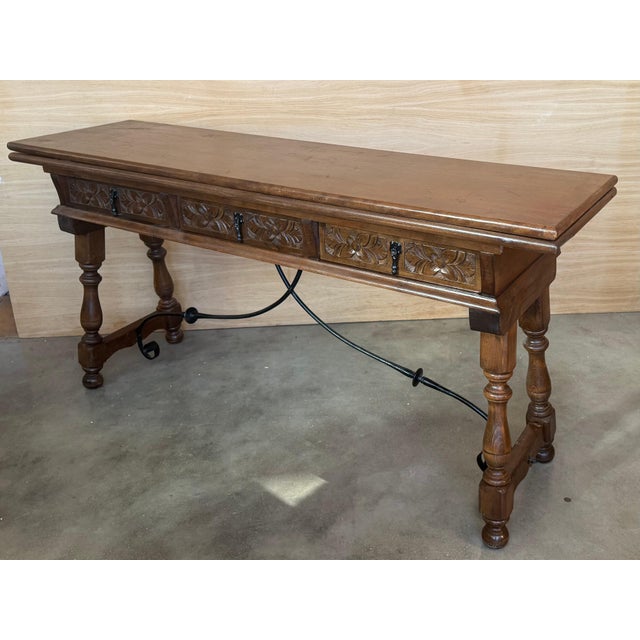 Early 20th Century Spanish Fold Out Console Table with Iron Stretcher & 3 Drawer For Sale - Image 18 of 18