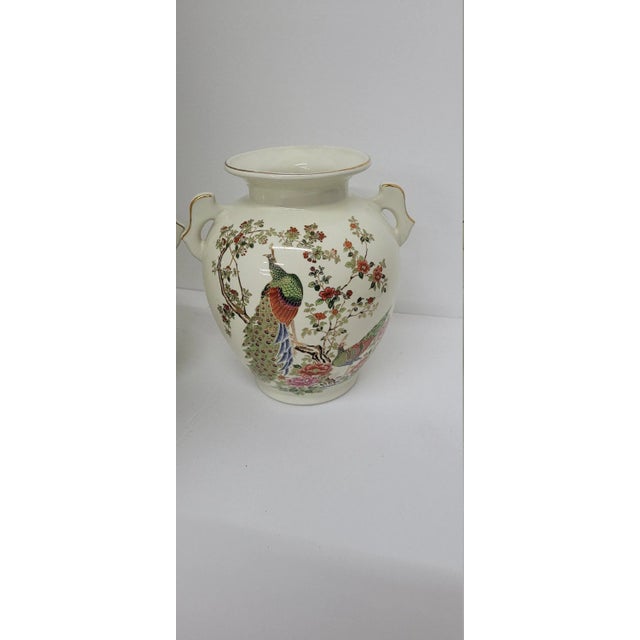 1970s Vintage White Japan Ceramic Vases With Hand Painted Peacock Motif - a Pair For Sale - Image 5 of 9